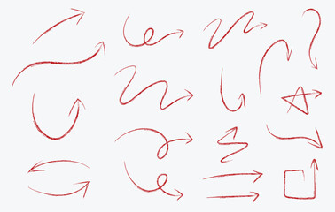 Set of Red hand-drawn arrow signs or symbols. Red hand drawn arrow doodles. Red hand drawn arrow elements. Red Arrow design.