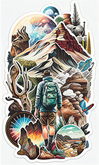 hiking stickers, vector art design, ultra detailed, visionary strokes