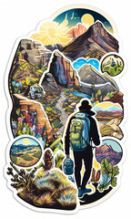 hiking stickers, vector art design, ultra detailed, visionary strokes