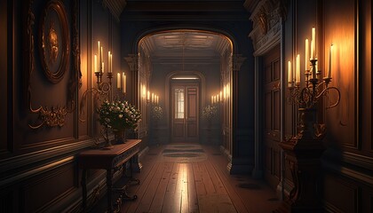 Fototapeta na wymiar Victorian interior style hallway at night in the candlelight with wooden floor and door
