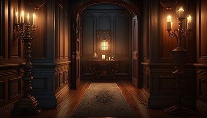 Fototapeta na wymiar Victorian interior style hallway at night in the candlelight with wooden floor and door