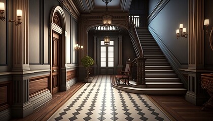 Fototapeta na wymiar Victorian interior style hallway with wooden furnitures, and staircase with handrail. Generative AI