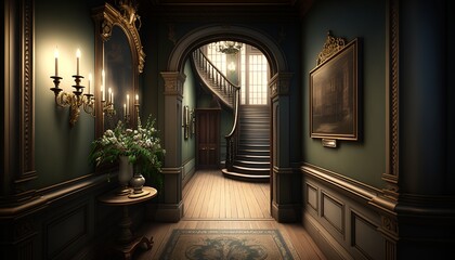 Victorian interior style hallway with wooden furnitures, and staircase with handrail. Generative AI