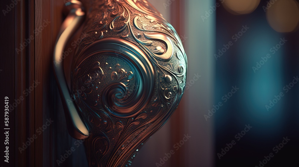 Poster a close up of a door handle on a door with a blurry background of lights in the background and a blu