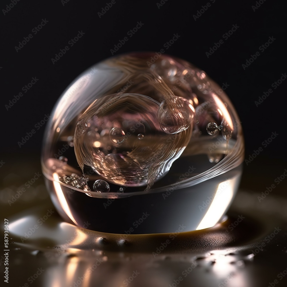 Aufkleber a close up of a glass object on a table with water droplets on it and a black background with a ligh