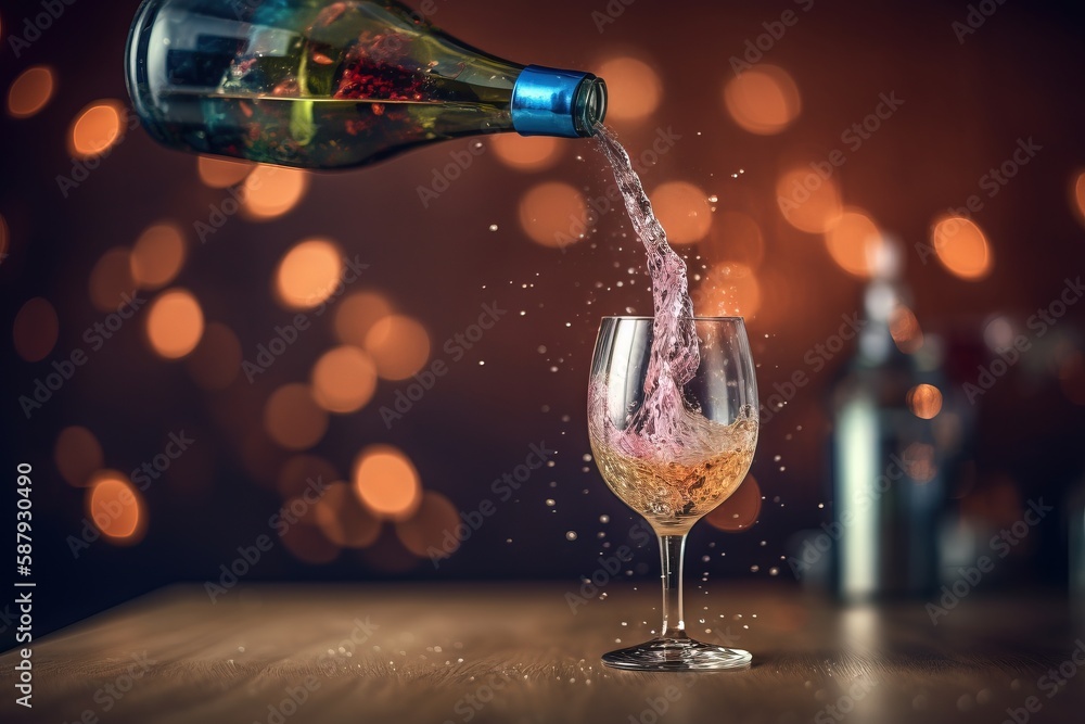 Poster a bottle of wine being poured into a wine glass on a table with bottles of wine in the background an