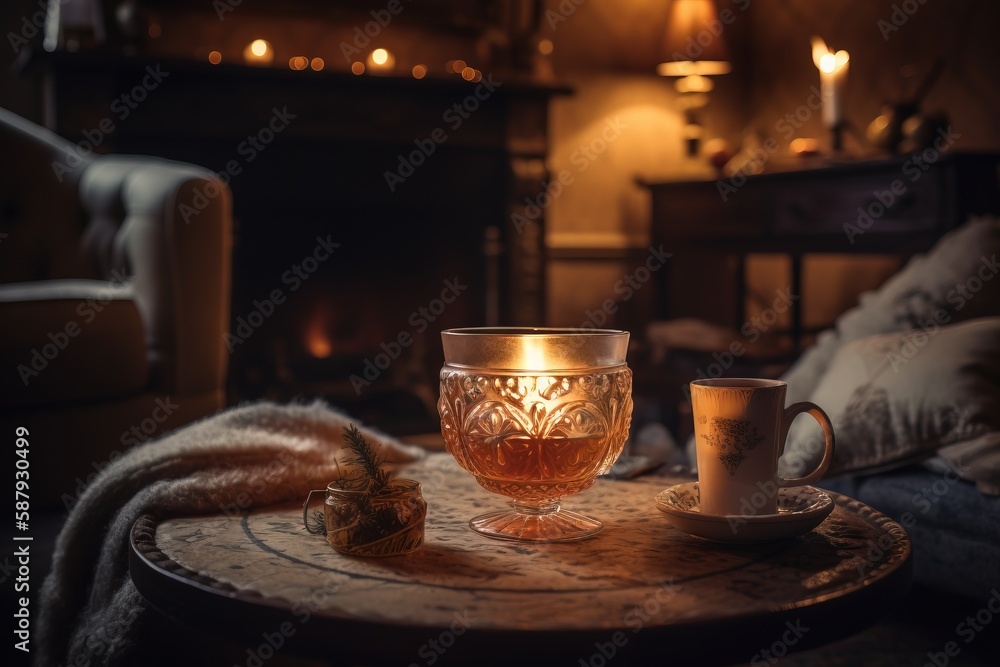 Poster a glass cup of tea on a table with a lit candle in the middle of the table and a blanket on the floo