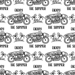 Fototapeta premium Surfing Seamless Design. Summer Pattern with Motorcycle and Palms. Perfect for Beach and Vacation-Themed Designs and Products. Stock vector silhouette background