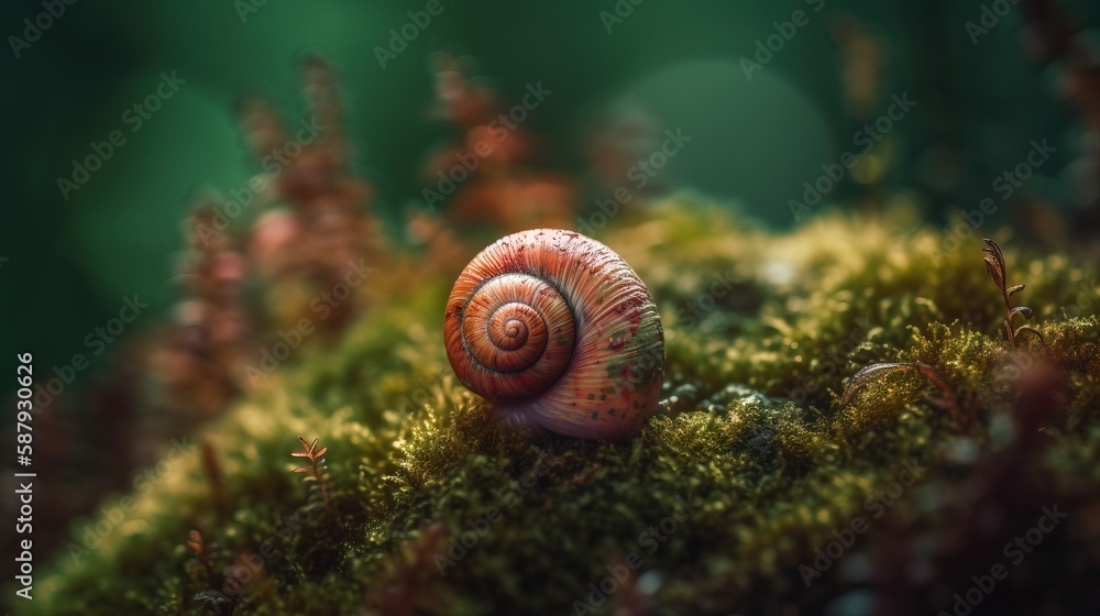 Poster a close up of a snail on a mossy surface with a blurry background of trees and bushes in the backgro