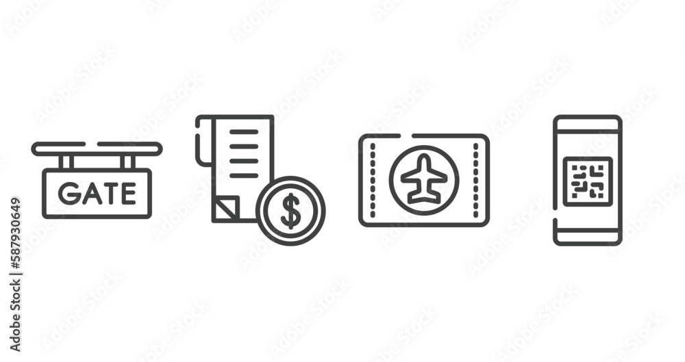 Poster in the frontier outline icons set. thin line icons sheet included gate, receipt with dollar, airplan