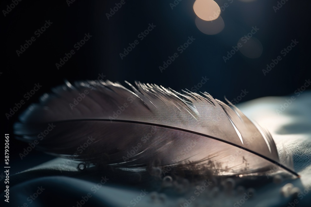 Poster a close up of a feather resting on a pillow with a blurry light in the backround behind the feather 