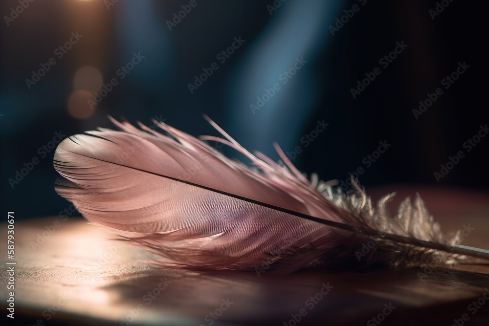 Poster a close up of a feather resting on a wooden surface with a light shining in the backround of the ima