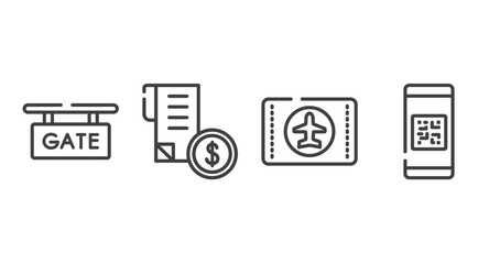 in the frontier outline icons set. thin line icons sheet included gate, receipt with dollar, airplane flight card, qr code scan vector.