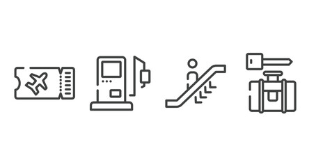 airport and travel outline icons set. thin line icons sheet included flight ticket, gas station, or going down, left luggage vector.