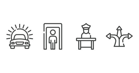 travel and tourism outline icons set. thin line icons sheet included car in front of the sun, full body, airport worker, directions arrows vector.