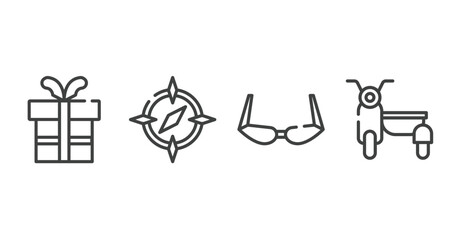 vehicles and transport outline icons set. thin line icons sheet included birthday gift, round compass, old fashion glasses, sidecar vector.