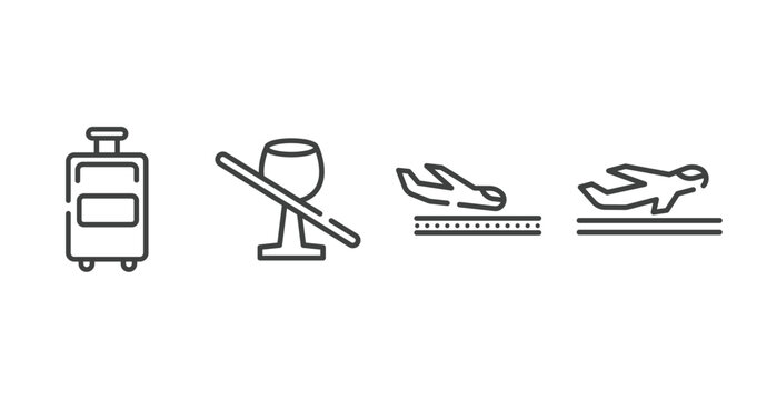 in the airport outline icons set. thin line icons sheet included travelling handbags, no drinks, plane landing, departures vector.