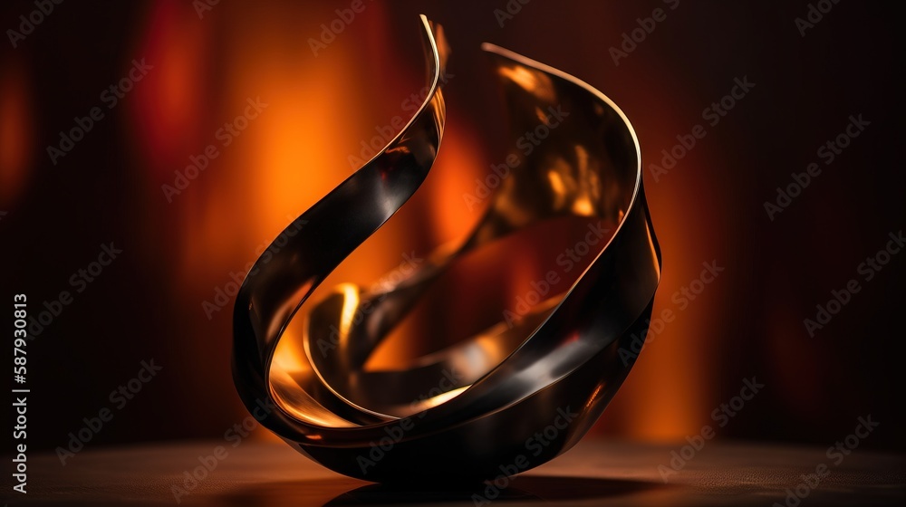 Poster a sculpture of a curved metal object on a dark surface with a red light in the back ground and a dar