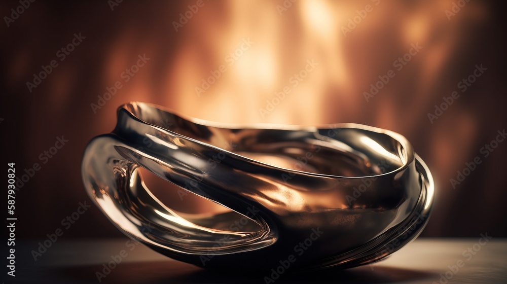 Poster a shiny metal object on a table with a blurry back ground and a dark background with a light shining