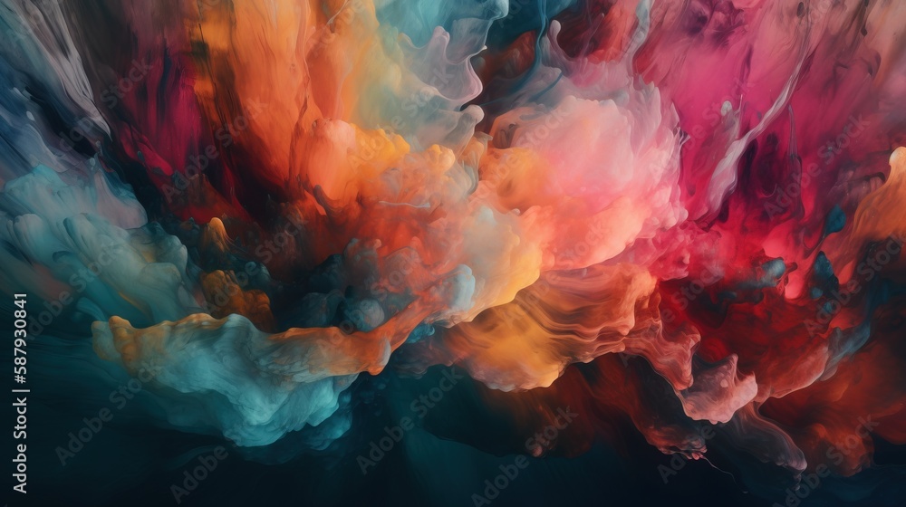 Poster an abstract painting of multicolored clouds in the air with a black background and a blue sky in the