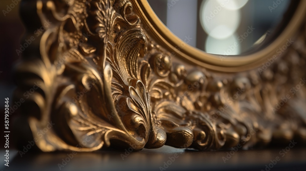 Poster a gold ornate clock with a large mirror behind it on a table with a blurry background of a building 