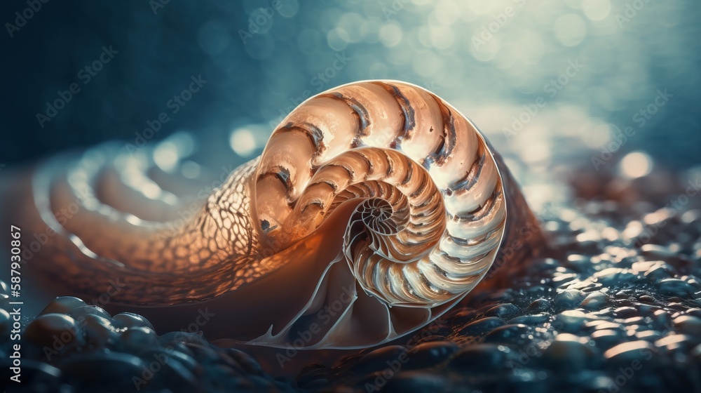 Poster a close up of a shell on a rock with a blurry background of rocks and water in the foreground, with 
