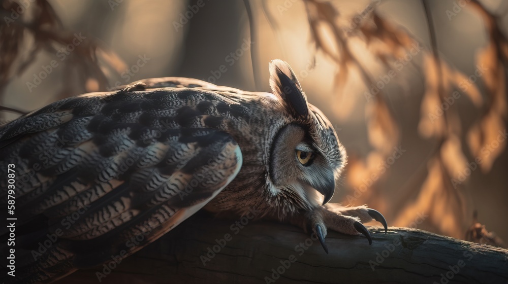 Poster an owl is sitting on a branch in the woods with its eyes open and it's head resting on the branch of