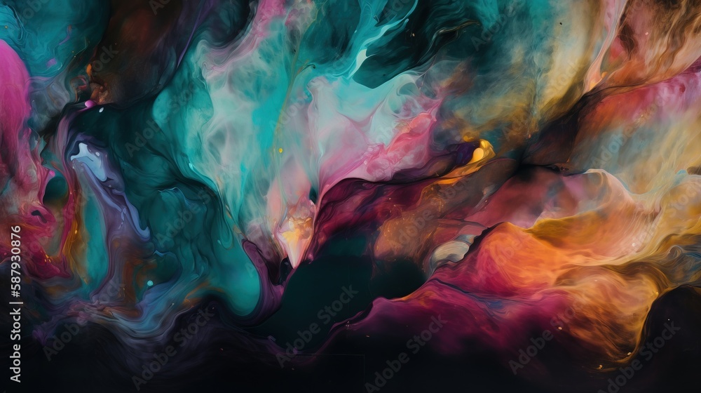 Poster an abstract painting of multicolored fluid paint on a black background with a gold and blue center i