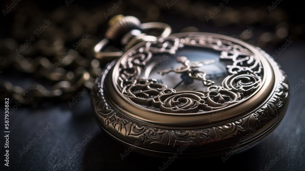 Poster a close up of a pocket watch on a chain on a black surface with a chain around it that has a chain a