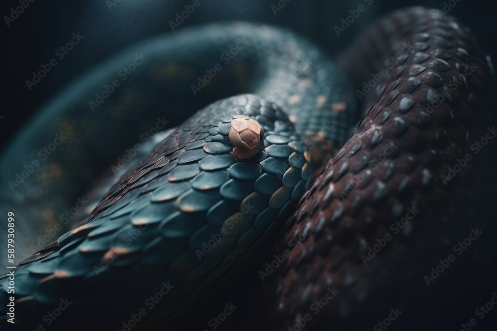 Poster a close up of a snake on a black background with a blurry background and a small brown object in the
