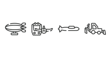 transportation outline icons set. thin line icons sheet included airship side view, miscellaneous, submarine side view, backhoe vector.