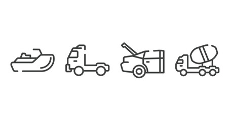 transporters outline icons set. thin line icons sheet included sea scooter, pickup truck side view, trunk open, concrete mixer truck side view vector.