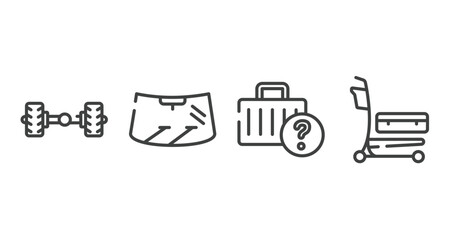 airport outline icons set. thin line icons sheet included axle, windscreen, lost and found, airport cart vector.