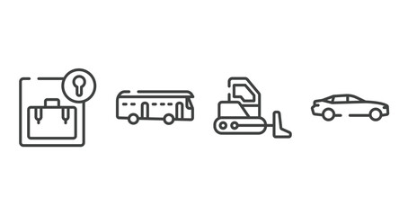 transporters outline icons set. thin line icons sheet included left luggage, checker, bulldozer side view, car side view vector.