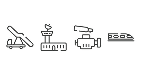 public transportation outline icons set. thin line icons sheet included aircraft stairs, air traffic controller, car engine, hyperloop vector.