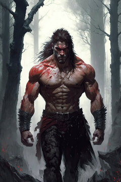 werewolf man in blood in forest. Generative AI illustration