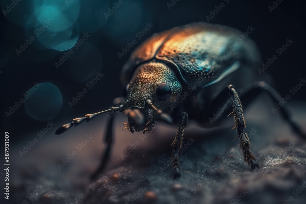 Poster a close up of a beetle on a rock with blurry lights in the backround behind the beetle is a tiny ins