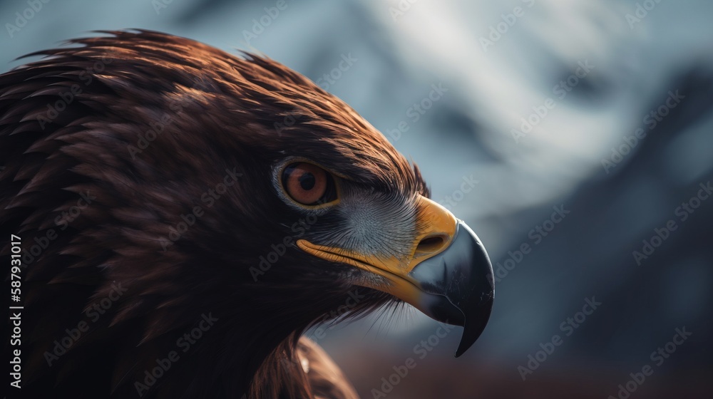Aufkleber a close up of a bird of prey with a mountain in the background of the image in the background and a 