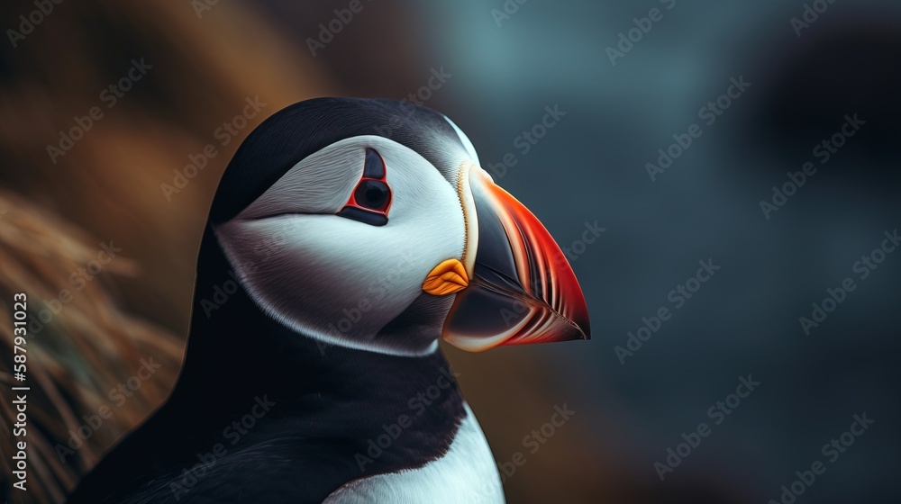 Poster a close up of a bird with a red beak and orange beak and a black and white face with a red beak and 