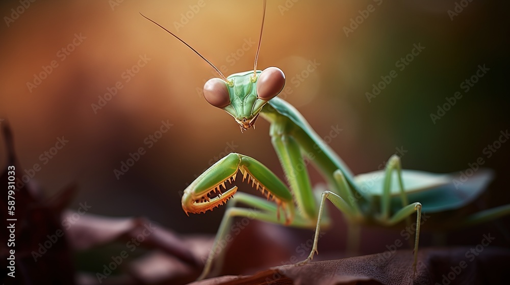 Poster  a close up of a praying mantissa on a branch with a blurry background of leaves and branches in the foreground, with a blurry image of a praying mantissa.  generative ai