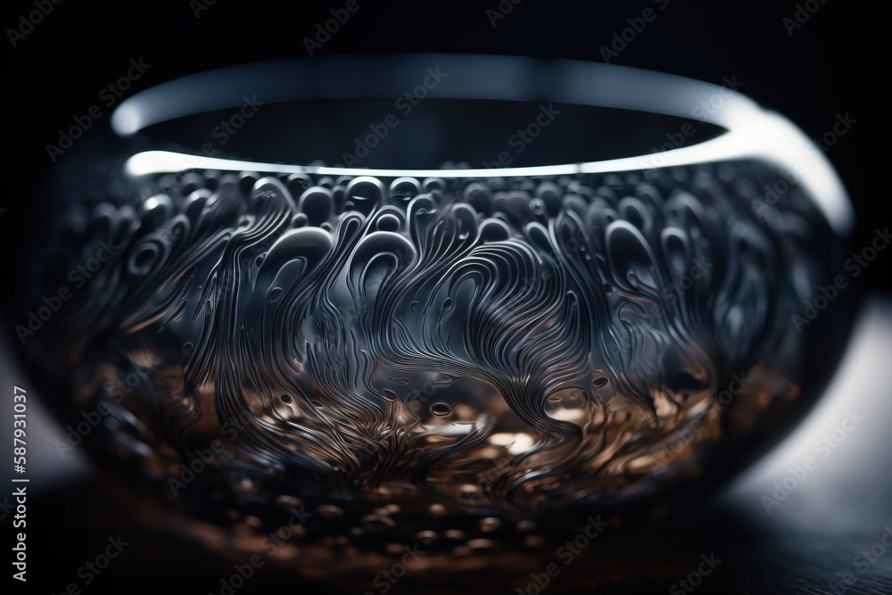 Poster a close up of a vase on a table with a black background and a blurry image of the inside of the vase
