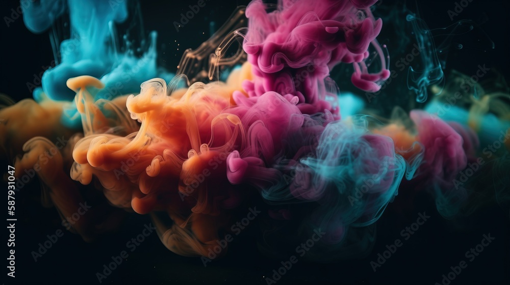 Poster a group of colorful smokes floating in the air on a black background with a black background and a b