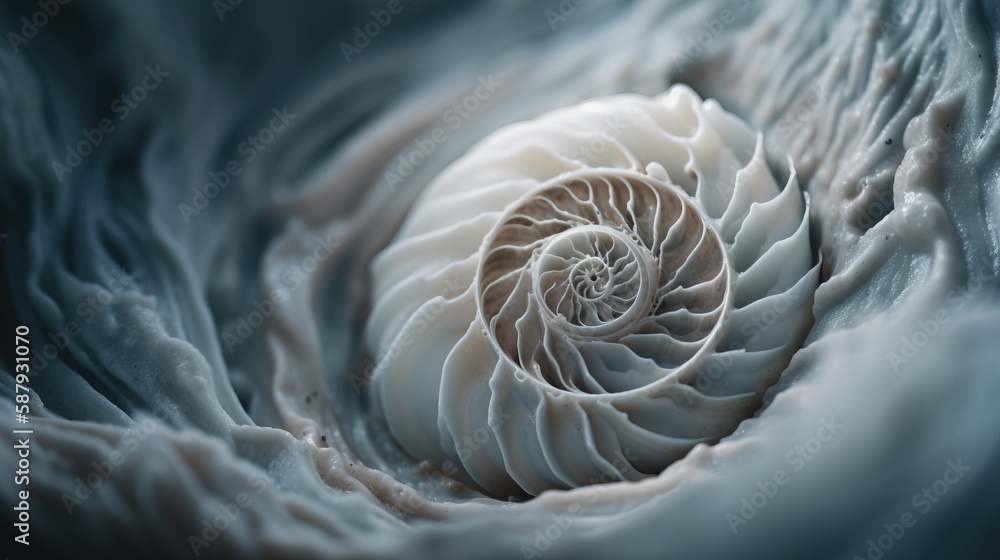 Poster a close up view of a spiral shaped object in the center of a blue and white background, with a black