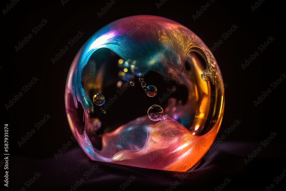 Aufkleber a colorful glass ball with bubbles floating in the air on a black background with a black background