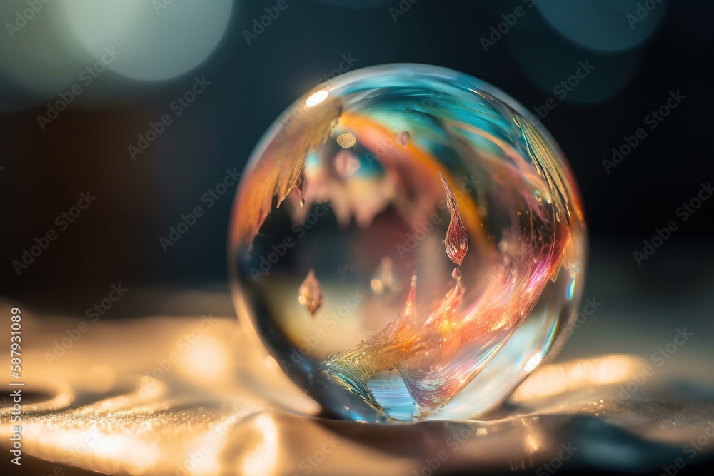 Poster a close up of a glass ball on a table with a blurry background of trees in the distance and a blurry