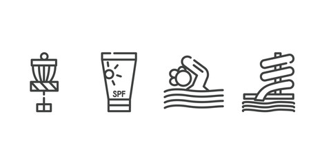 summer outline icons set. thin line icons sheet included disc golf, sunscreen, swimming person, aqua park vector.