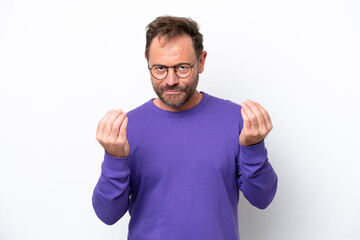 Middle age caucasian man isolated on white background making money gesture but is ruined