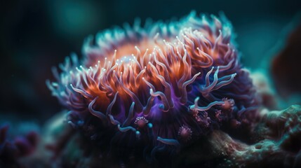 Fototapeta na wymiar a close up of a sea anemone on a coral with other corals in the water behind it and a blurry background. generative ai