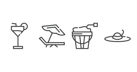 summer outline icons set. thin line icons sheet included refreshing cold drink, beach chair, sand bucket, summer hat vector.