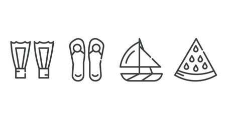 summer outline icons set. thin line icons sheet included fins, pair of flip flops, yatch boat, slice of melon vector.